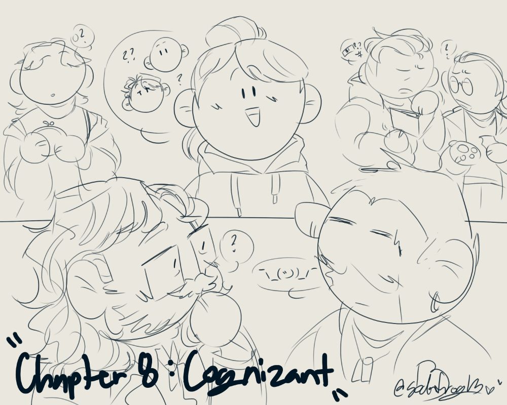 a sketchy doodle of Beard and Jacket from Hotline Miami. they are sitting behind the counter of Beard's store, looking at each other curiously. on the other side of the counter is a group of 4 high school aged kids, the most prominent being a girl with a ponytail and a hoodie with her hand resting on the counter. she asks if Beard and Jacket know who the Swan Twins are while her friends argue in the background about how much money they owe. the text reads "Chapter 8: Cognizant".