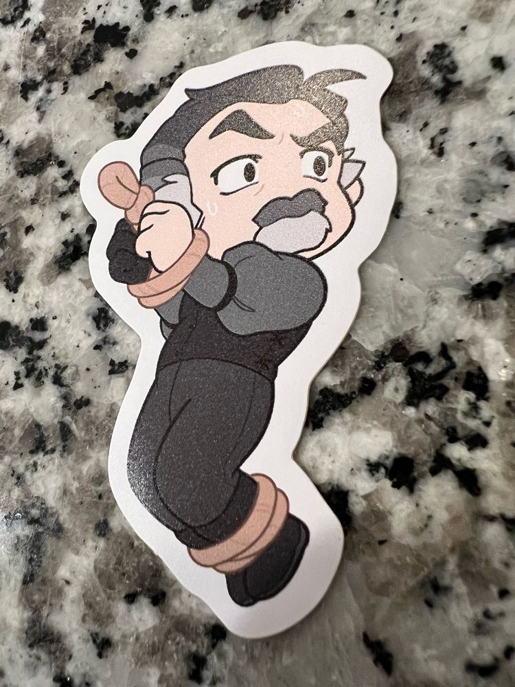 Sticker featuring Izzy Hands from OMFD tied up with rope and hanging by the wrists in a cute fashion.