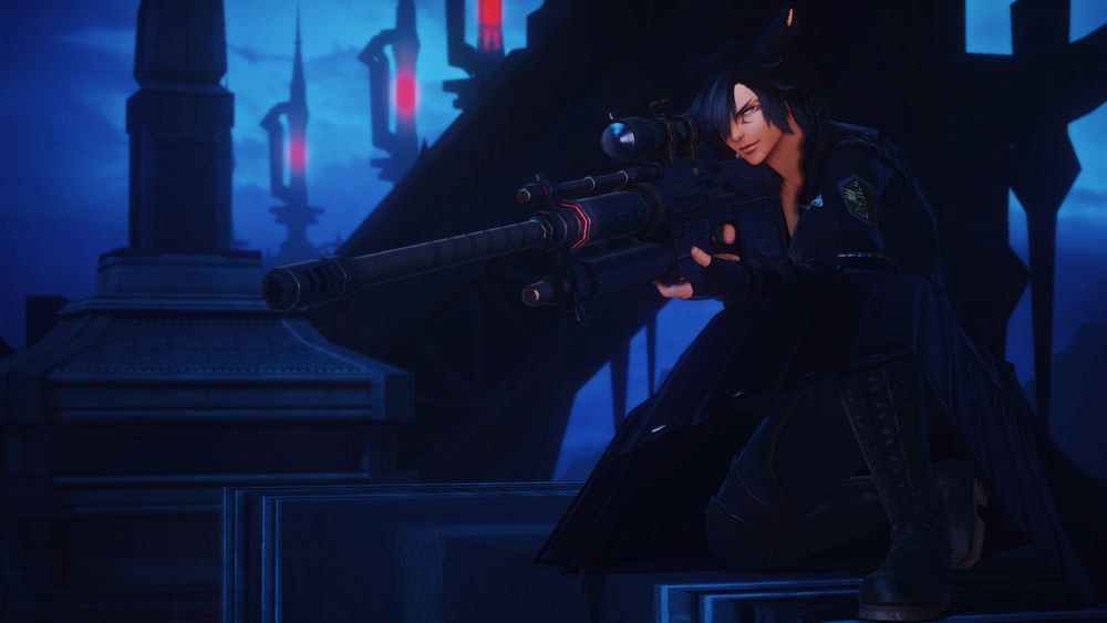 A man with feline features holding a sniper rifle and looking through the scope. He's on top of a building setting his sights on a target.