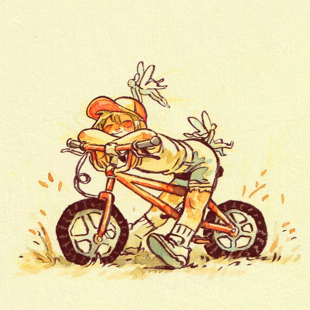 Watercolour of a kid resting with their arms and head on the handlebars of their bike, two fairies playfully fly around them.