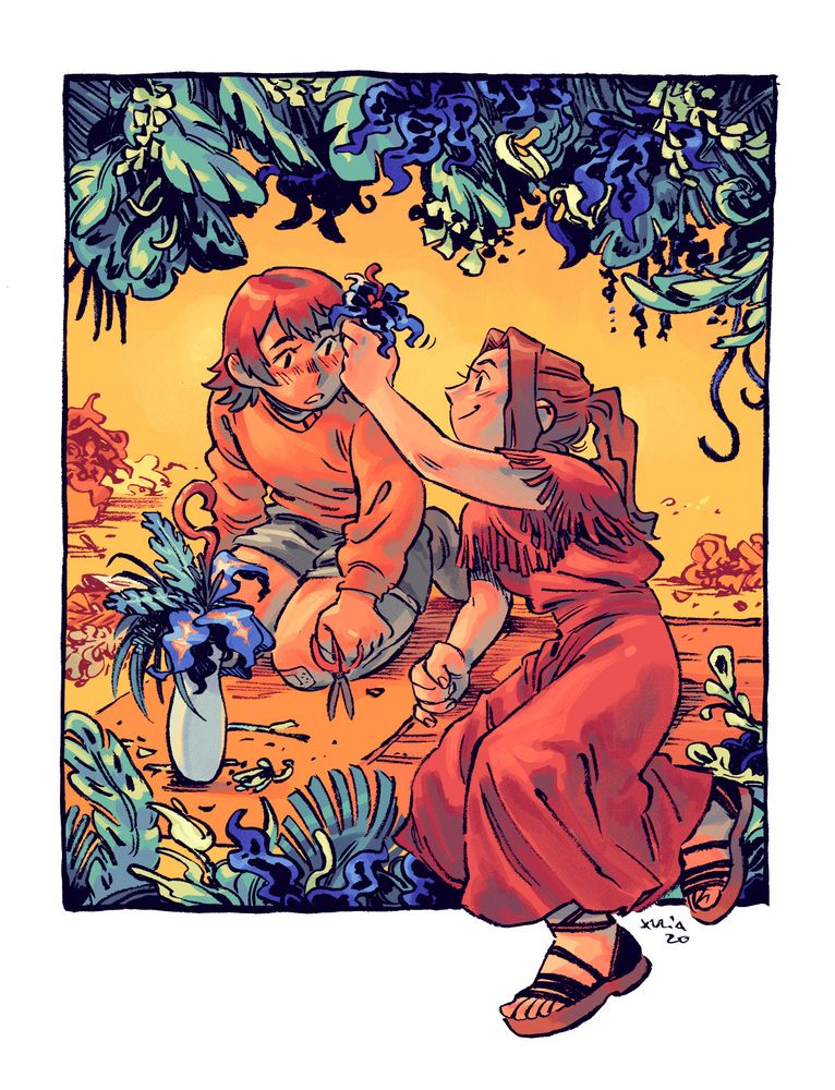 Digimon Adventure fanart. Sora is kneeling down, doing some Ikebana work on a floral arrangement, and looks, blushing, at Mimi, who is laying by her side and reaching to place a flower on Sora's head. The illustration is surrounded by vegetation and flowers reminding of both their digimons.