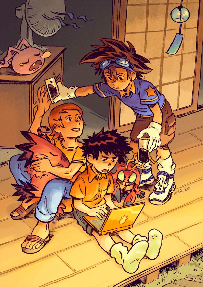 Digimon Adventure fanart. Outside, Sora sits on the floor with a sleepy Biyomon on her lap, Izzy is sitting by their side working in his laptop while Tentomon watches. Tai is bringing them both brown drinks. Koromon sleeps on some furniture near them.