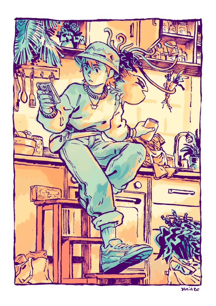 Digimon Adventure fanart. Sora is sitting on her kitchen furniture, likely right back from doing the shopping. She's looking at her phone while taking products from the shopping bag. Yokomon is reting on her shoulder, helping her place the vegetables and cans back where they should be.