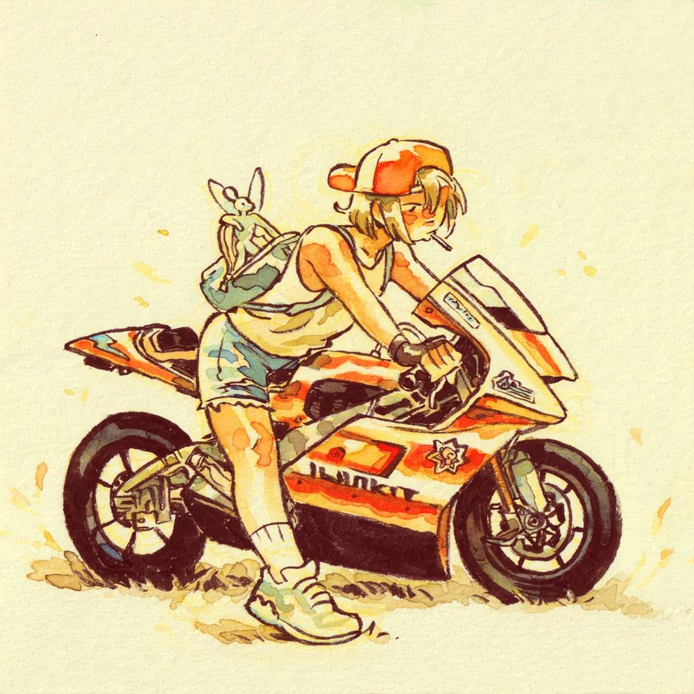 Teen sitting on their motorbike holding the handles, with a lollipop in their mouth, and a fairy sticking out of their backpack.