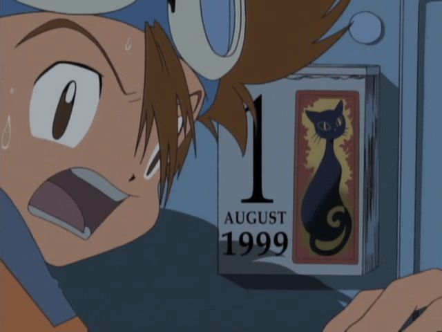 Screencap from Digimon Adventure. Tai looks to the viewer in horror. Besides him, a calendar pinned on the fridge door that reads 'August 1st, 1999'.