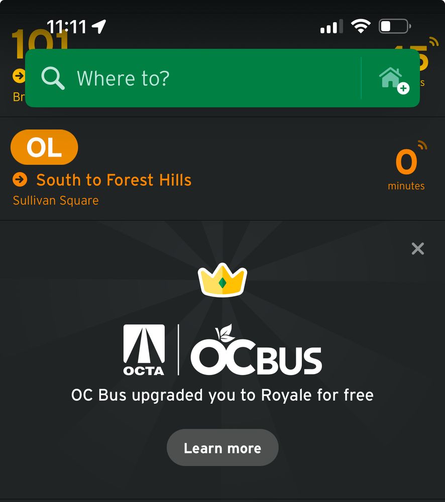Screenshot of the Transit app showing that OC Bus upgraded me to Royale for free. 