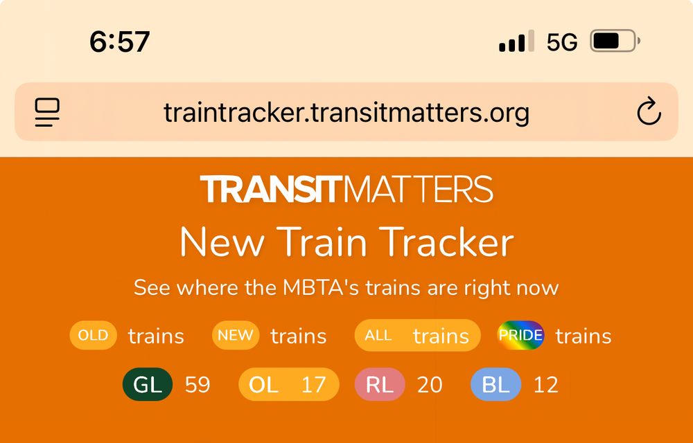 Screenshot from the Transit Matters new train tracker showing 17 MBTA orange line trains in service on 8/4/25. 