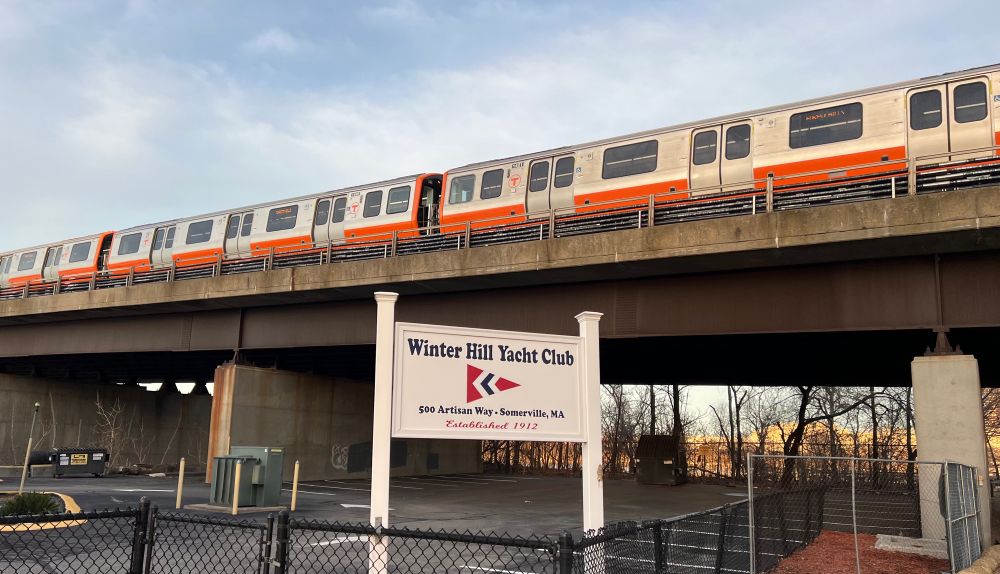 MBTA Orange Line train crossing the Mystic River in Somerville, MA. 