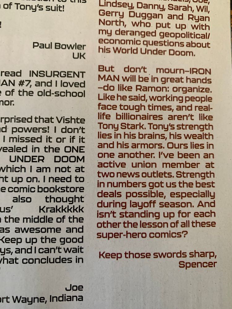 A farewell message in IRON MAN #10 about the importance of organizing. 