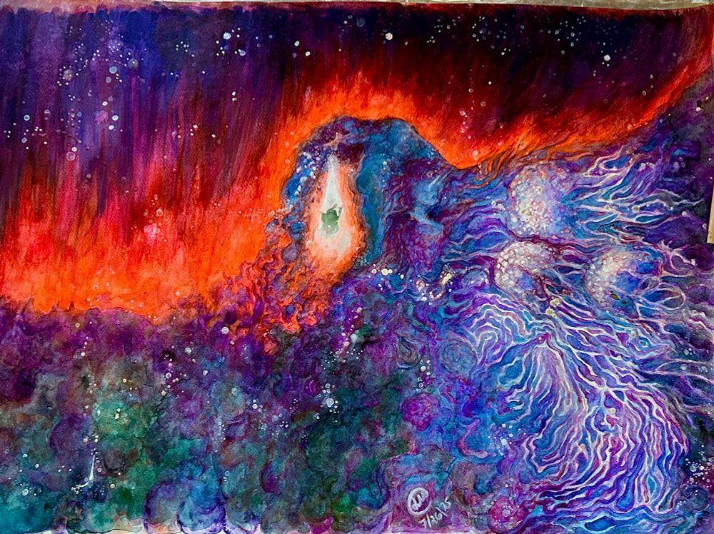 large watercolor of a bunch of swirling cosmic stuff that forms reed, and in the center of it all, doom stands his ground under a blast of cosmic light from where i guess reed’s eye holes would be. lots of layered colors went into this, please clap