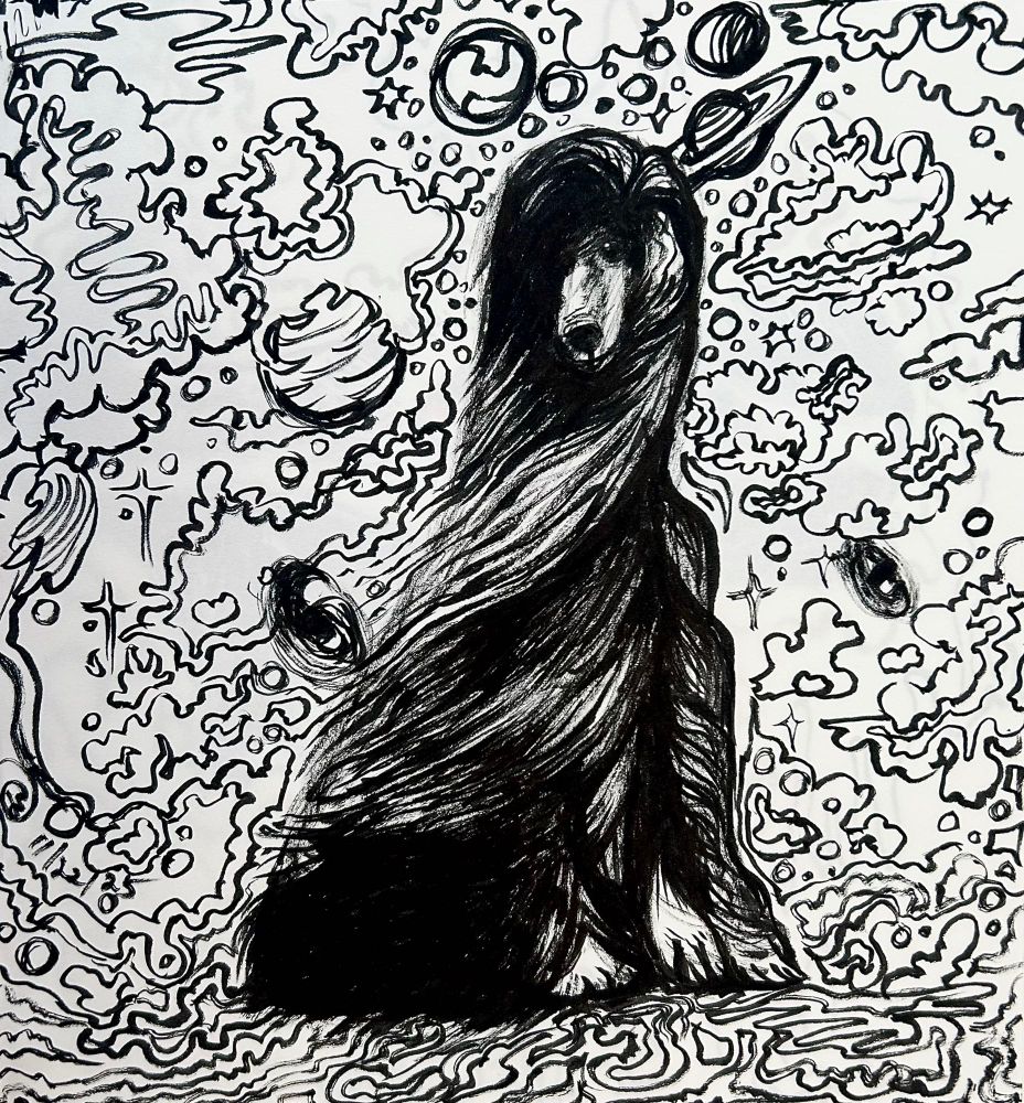 an ink sketch of a windswept afghan hound in the middle some swirly stuff n clouds 