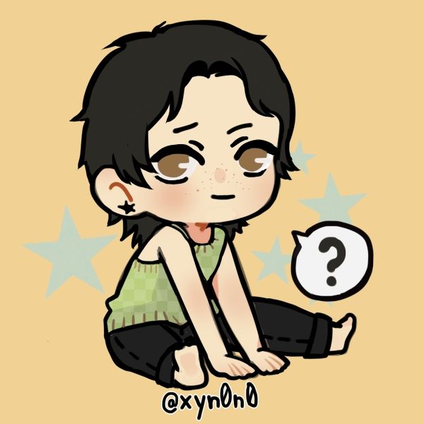 picrew by @xyn0n0
little chibi character with a slight smile, short dark hair, light skin, brown eyes, green tank top, black pants, and no shoes. position is sitting with legs apart, hands on floor in front. there is a question mark speech bubble and the background is a yellow orangey color with a couple of light blue-green stars right behind the character
