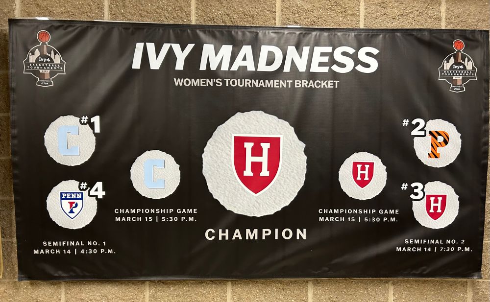 The completed bracket for the 2025 Ivy League women’s basketball tournament, with No. 3 seed Harvard crowned champion.
