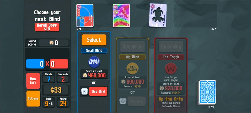 Screen shot of the poker game balatro with the fibonacci, blueprint, and stencil jokers 