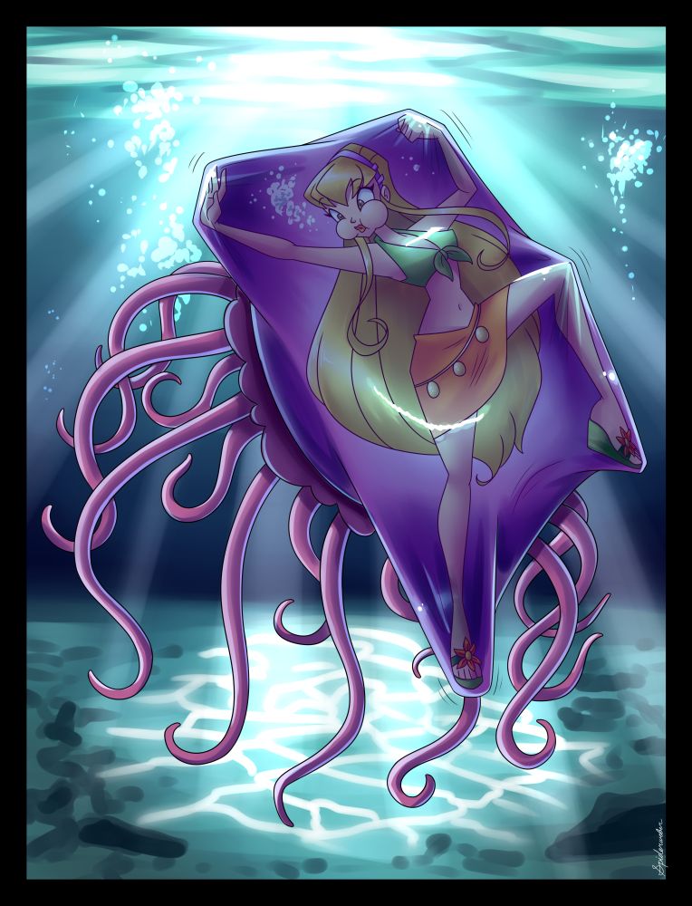 Stella of WinxClub fame has been captured and stuck inside the bell of a giant Jellyfish. she holds her breath, cheeks puffed out as she tries to press against the bell and get free.