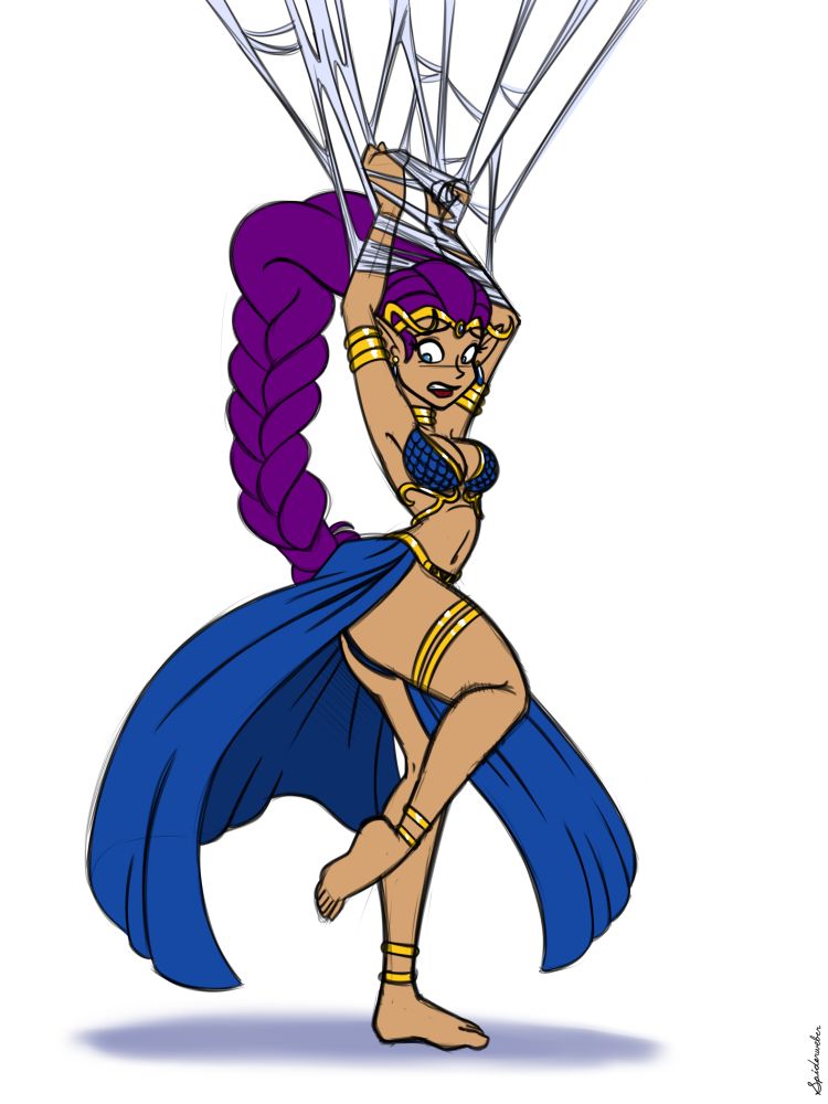 Shantae is dressed in her princess/harem garb costume from one of the chapters of "Shantae & the Pirate's Curse" She is stuck in a spiderweb, with her arms being held above her head as she "dances" to get free.
