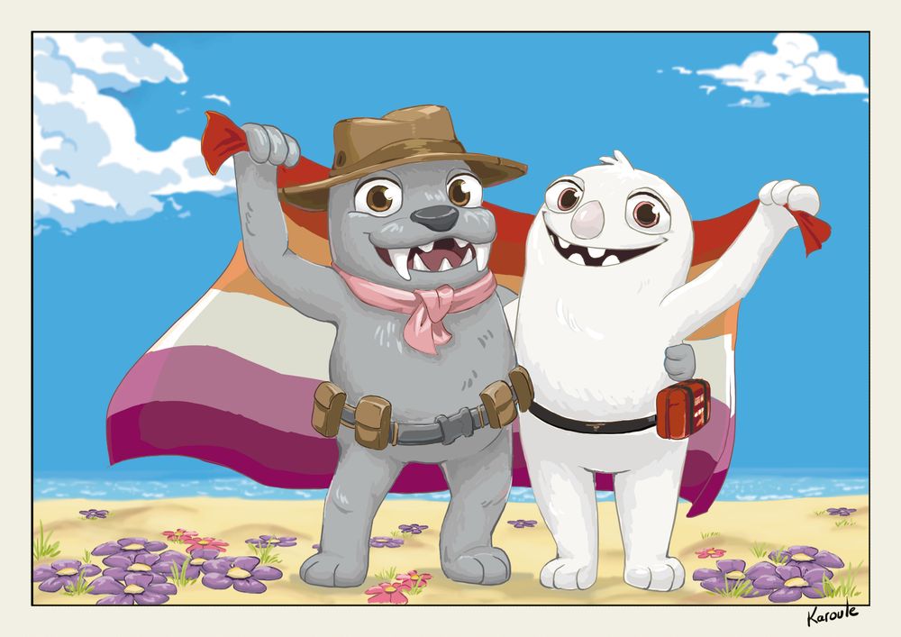 Eggabell and Elizabert holding a lesbian flag on beach