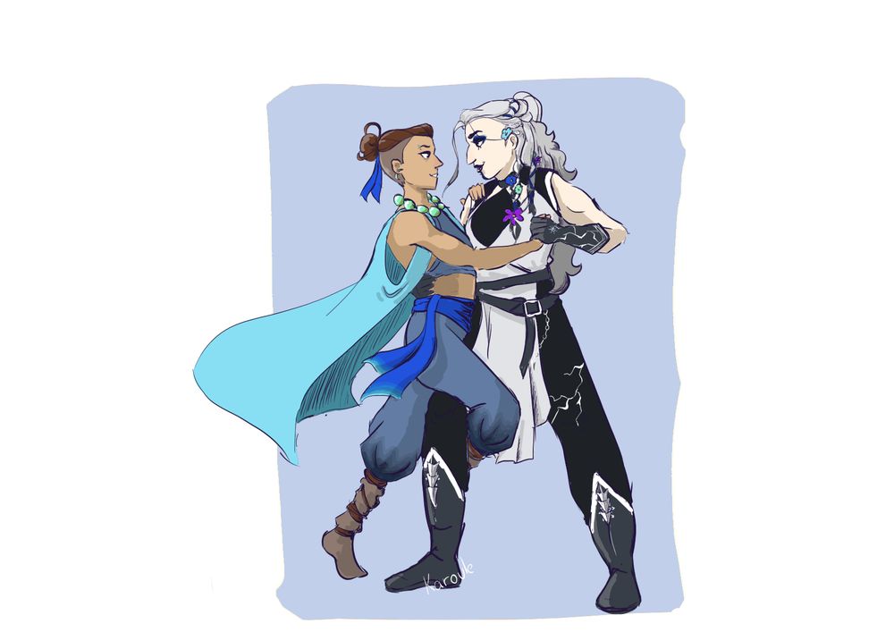 Beauregard leaning on Yasha, they're looking at each other and holding hands.