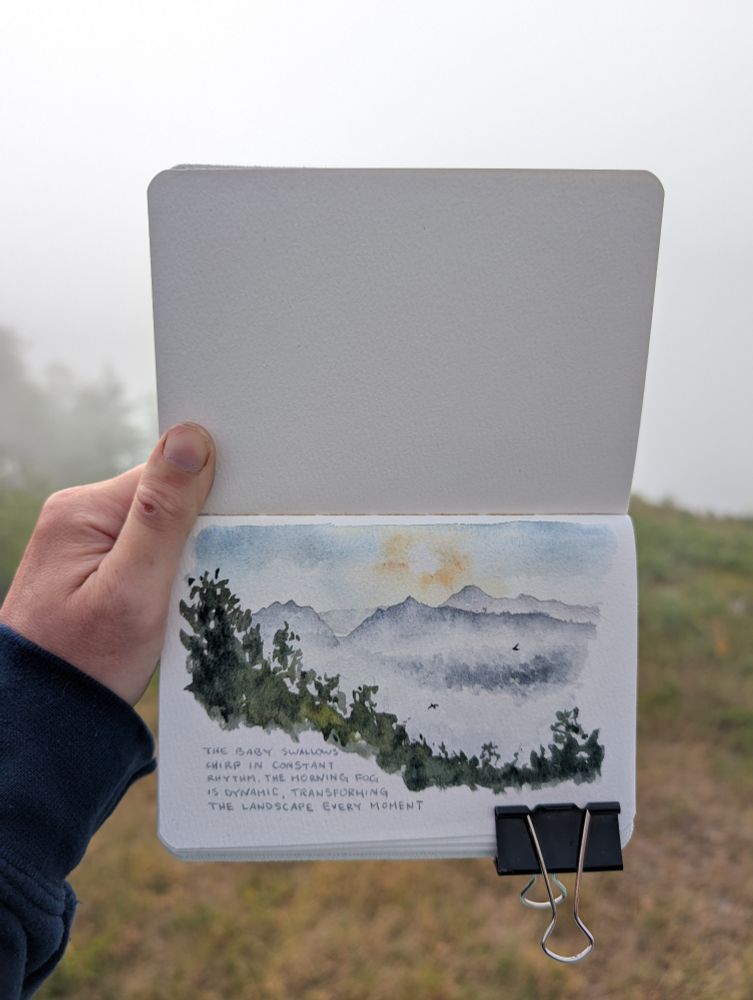 A watercolor painting of the Mount St Helens Coldwater Lake in morning fog
