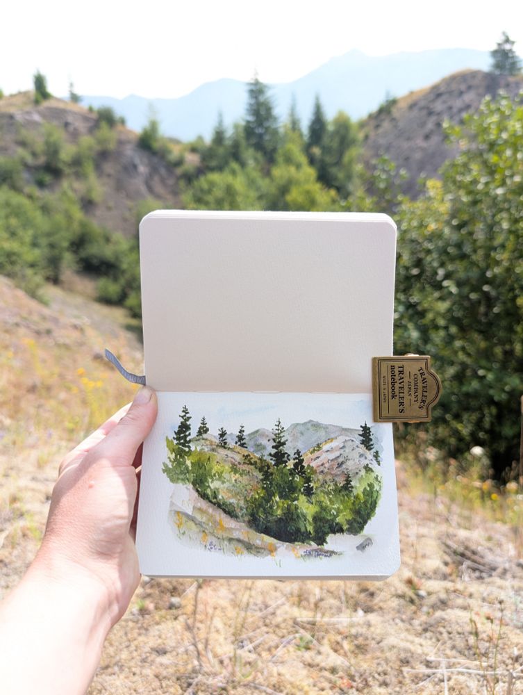Plein air painting of hummocks formed from Mount St Helens eruption 