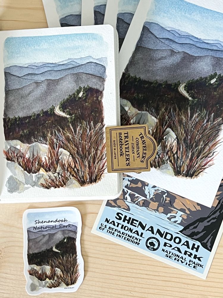Original watercolor painting, prints and stickers of Shenandoah national park in the winter 