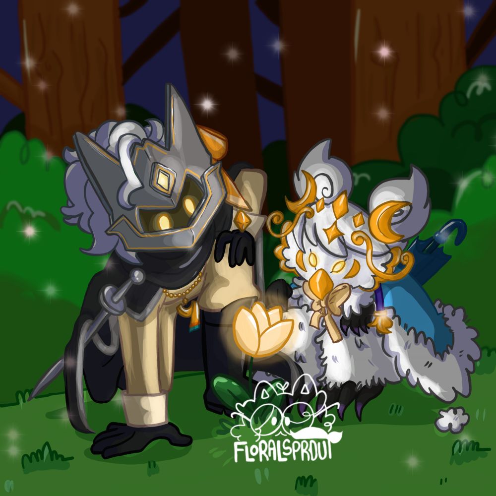 a drawing of two skykids, thistle and tulip looking at a flower