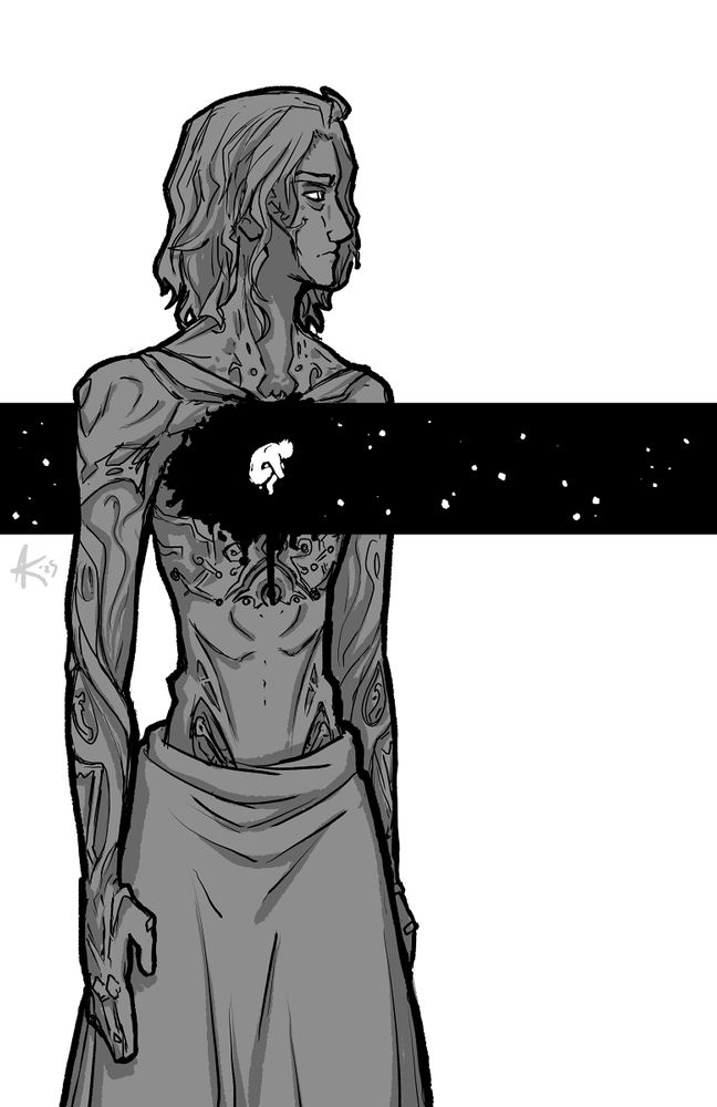 a picture of Viktor from Arcane in his season 2 form, a stylized hole blasted through his chest with stars patterning on it