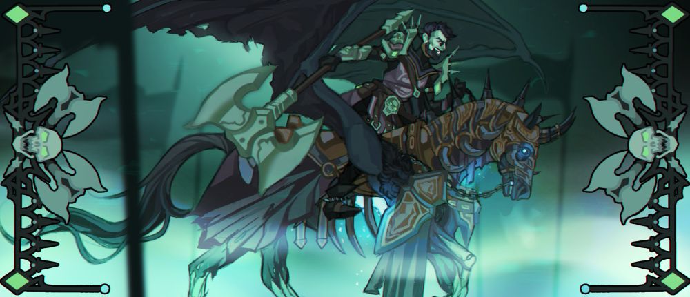 a digital drawing of a forsaken woman in armor riding on Invincible, with a huge axe held in her hand. the background is a gloomy battlefield covered in banners. the sides of the piece are decorated with patterns of crossed axes. the art has a long composition.