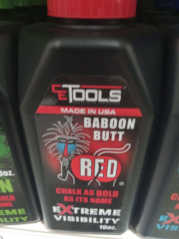a 10 ounce package of CE Tools brand red chalk, advertising "eXtreme visibility" and that it's "chalk as bold as its name". the color is named "baboon butt red".