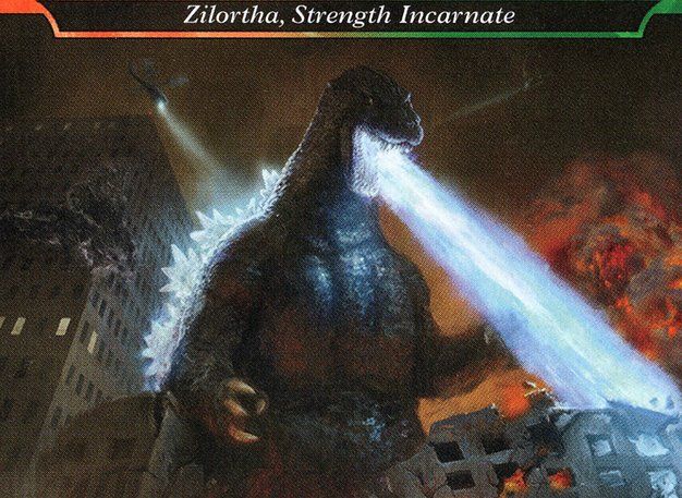 Godzilla, King of the Monsters (illus. Antonio José Manzanedo)

Godzilla breathes a blast of blue energy down at a wrecked building while a pair of helicopters keep him in their sights.

This card is interesting, historically speaking. It is a reskin of a card named "Zilortha, Strength Incarnate" - but the card was not printed with that name in cardboard until Commander Masters. Until that point, you could only get Godzilla, King of the Monsters. (Zilortha kind of looks like a low-budget bootleg of 'zilla, so it's fair, in some way. I think...)