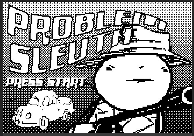 The title screen of Problem Sleuth. Reminds me of the old MacVenture games' art.
