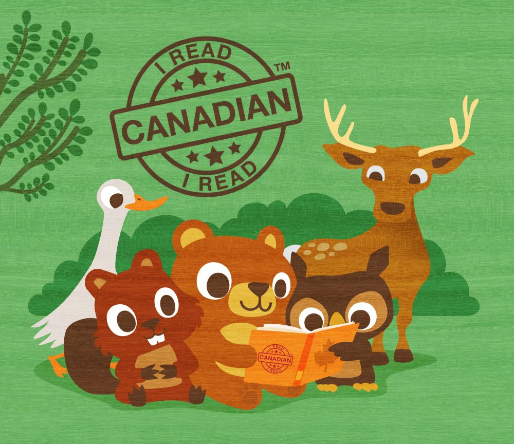 An cute illustration of a white goose, brown beaver, brown bear, dark brown owl and deer sharing an orange book together. A large "I Read Canadian" logo is sitting above their heads.