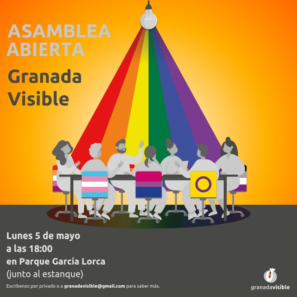 Cartel con fondo naranja donde se ven un grupo de personas reunidas alrededor de una mesa y sentadas sobre sillas con mas banderas ace, lesbica, trans, bi e intersex. Les ilumina desde el techo una luz con la bandera LGBTIAQ+. La información es la misma que la que hay en la descripción. Abajo está el logo de Granada Visible