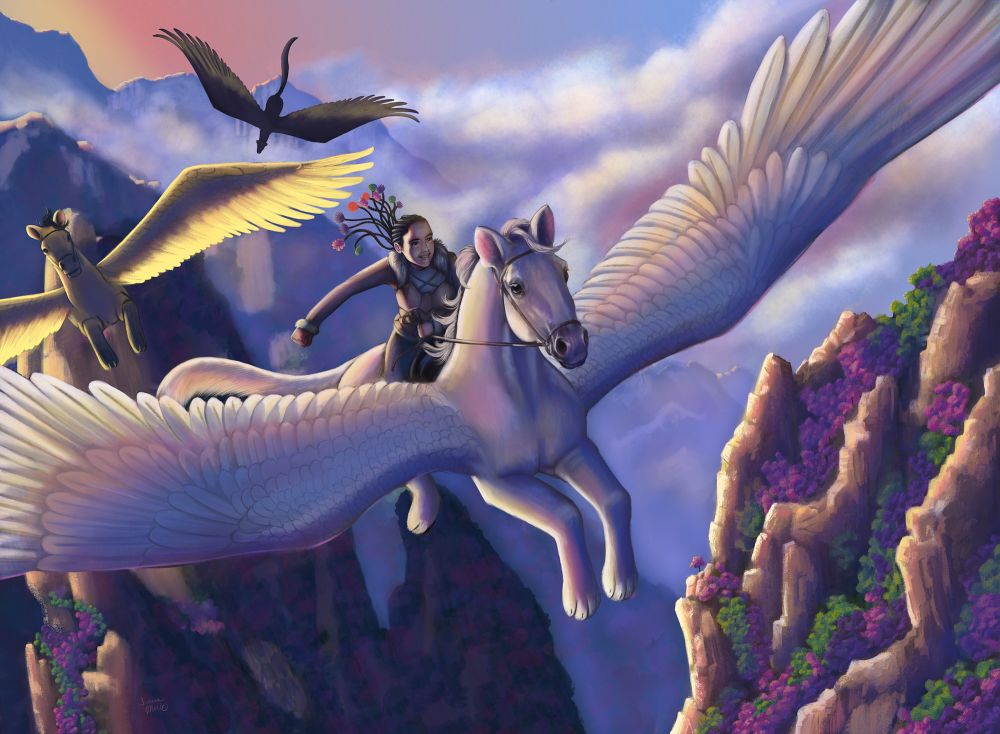Digital painting of a young woman riding a Pegasus/cat creature through a mountain range at sunrise. 