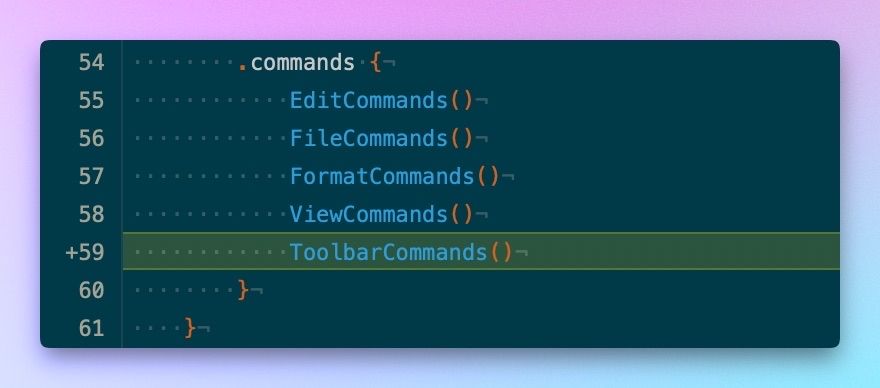 Code diff showing you need to add ToolbarCommands() to your “.commands” on your Scene type for the Customize Toolbar menu option to show on iPadOS 26.