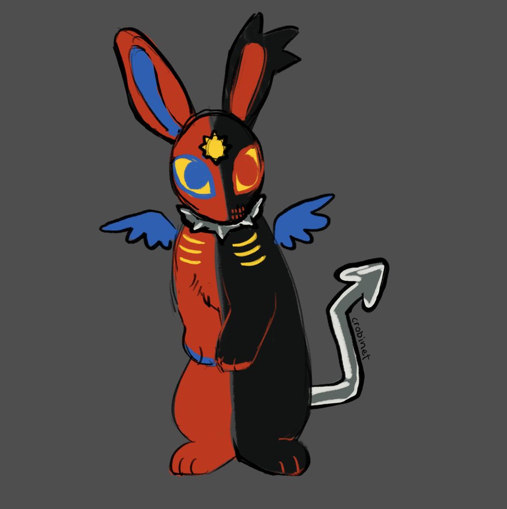 a digital sketch of an abstract, red and black rabbit with blue wings. the rabbit wears a metal collar and has an angular metallic devil tail.