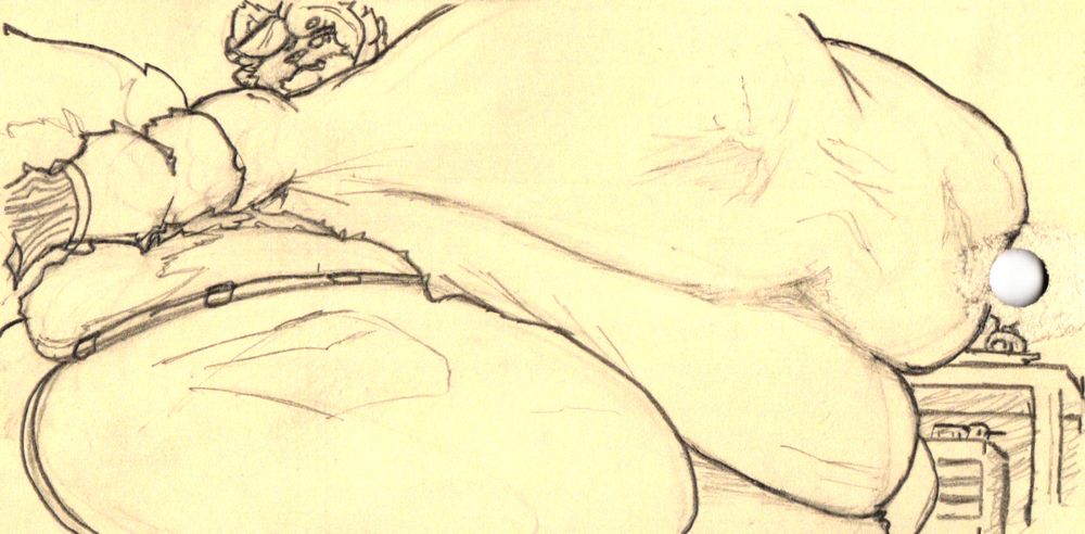 Octave, significantly fatter in multiple areas of her body, reaching over  for something off-canvas while a table and a drawer underneath said table sits behind her with stuff on top of them.