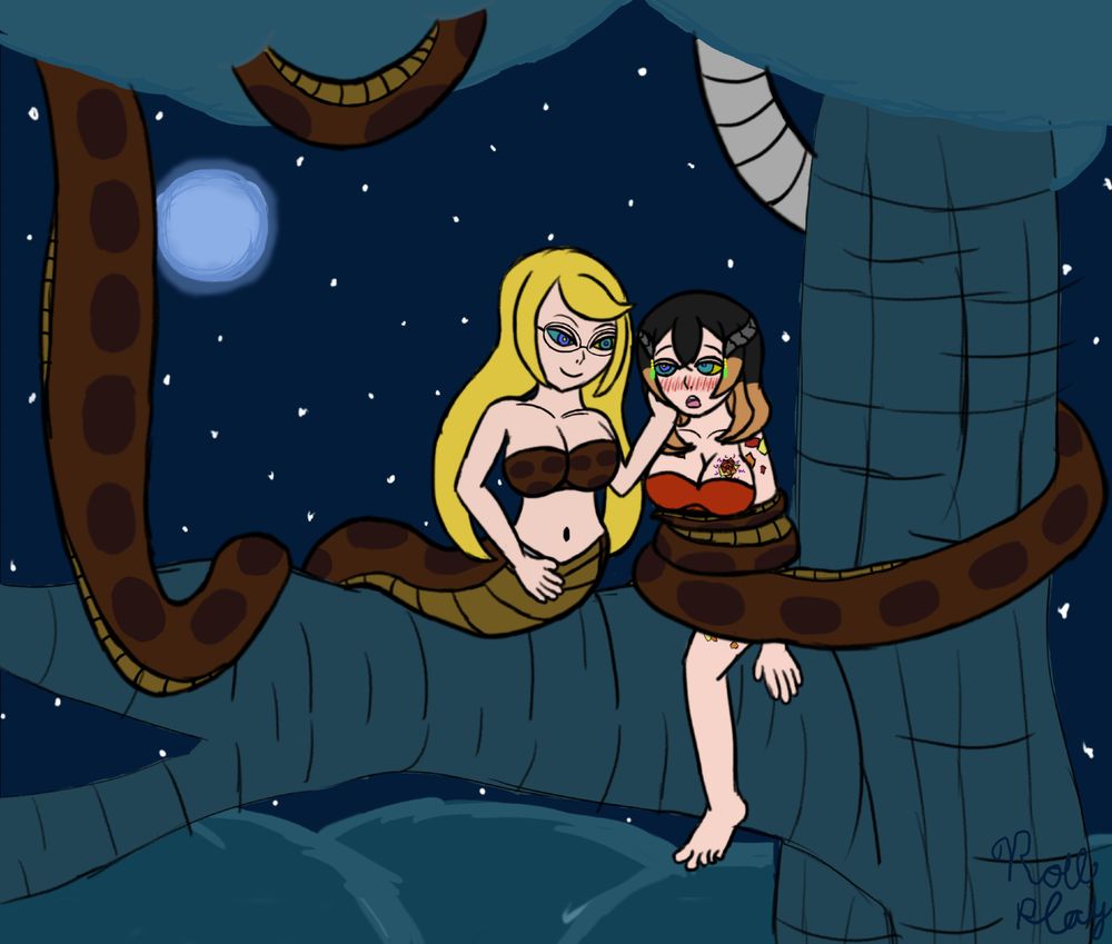 Same as the previous image, only now with a Jungle Book color scheme. Dominique's snake body is now brown with dark spots much like Kaa's, while Miriam wears an orange band and panties similar to Mowgli's color scheme. 