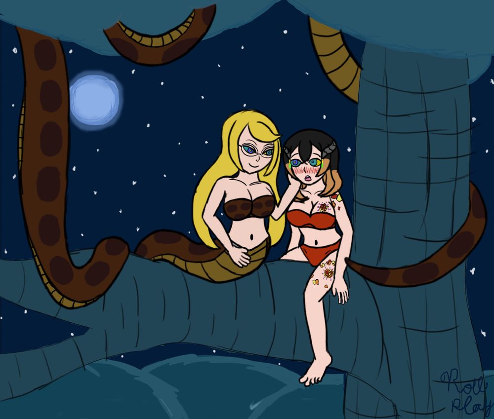 Same as the previous image, only now with a Jungle Book color scheme. Dominique's snake body is now brown with dark spots much like Kaa's, while Miriam wears an orange band and panties similar to Mowgli's color scheme. 