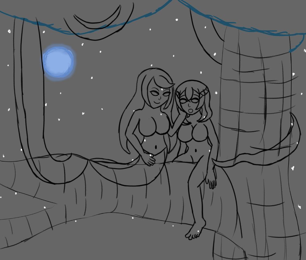 WIP sketch of Lamia Dominique hypnotizing Miriam. As Miriam sits mesmerized by Dominique's eyes, the snakewoman's tail comes from around the tree, ready to wrap her up.