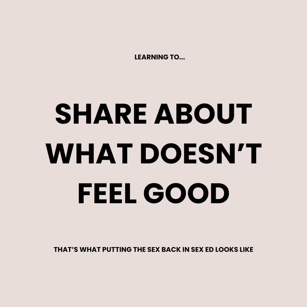 “Learning to… SHARE ABOUT WHAT DOESN'T FEEL GOOD” is written in bold black text on a cool tan background.