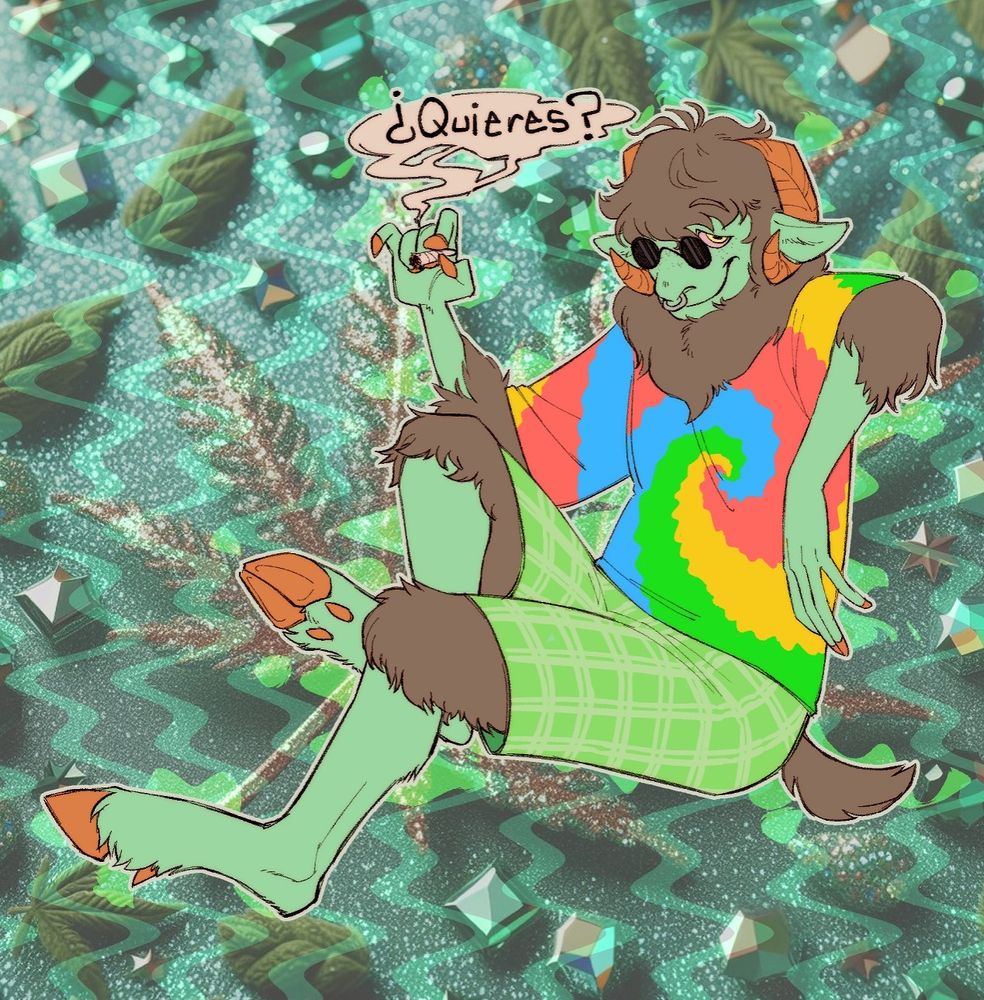 An anthropomorphic sheep wearing hippie wear and shorts sitting down holding a joint. He is saying what in Spanish. Green smoke and emerald background