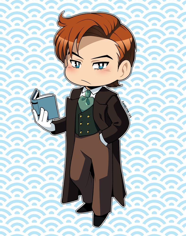 Drawing of a man, with copper hair and mid-1890s clothing, holding a book. Drawn as a chibi.