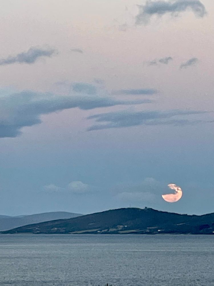 Full Moon rise seen from a walking track along a river. The moon looks like almost a 1/4 bite is removed ( by cloud)