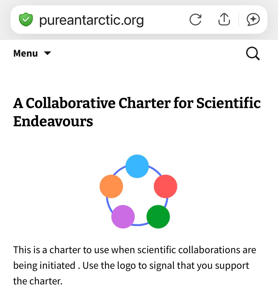 A screen capture of the Pureantarctic.org web page showing the collaborative charter logo of five colourful spheres  around a circle 