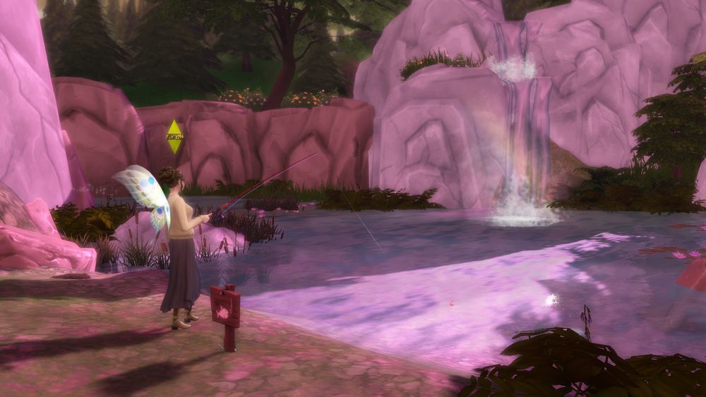 A screenshot of the Sims 4 showing the fishable lake in the Sylvan Glade, My Sim is fishing off the shore, and the lighting is casting everything in a hue of pink. There is a small waterfall that seems to be made of rainbows. 
