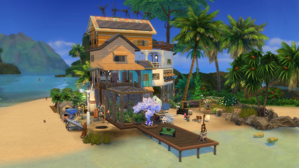 A screenshot of the Sims 4 showing the current state of the barren castaway lot I created. Nothing has been moved, other than "using" the wooden debris and rocks scattered about to build the house. The idea is to make it seem like it was patched together clearly showing the expansions as time progressed. There is a dock and covered garden, the entire first floor is open air. the second floor is a crafting space and living space, while the third floor has the main bedroom, and recent addition of nursery as the castaway met a merfolk and they fell in love. The kitchen is located on the first floor, while the bathroom was made inside the hollow spot inside the wrecked ship. The lot also includes utilities, chicken, goats, and sheep. 