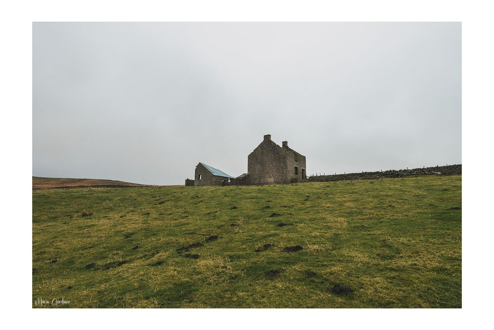 a ruin in the middle of the frame, facing to the side. The bottom half of the image is grass and the top is grey flat sky