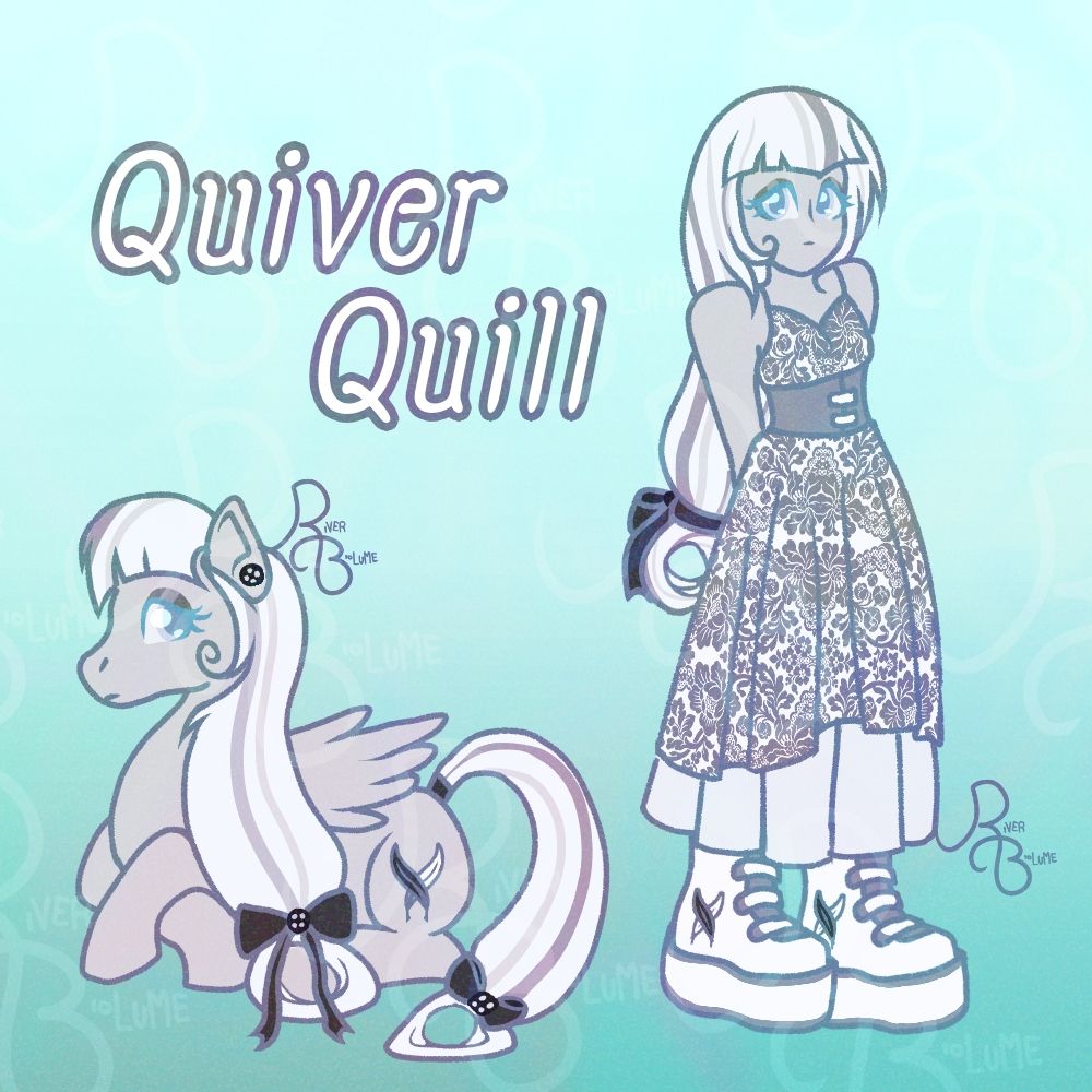 Quiver Quill sona made by lullabytrap on artfight. Seems to be a pegasus with some buttons and a twin quill cutiemark. I desgined a human / Equestria Girls concept with a very nice patterned dress. She also has on grey corset and her cutiemark is on the platform boots.