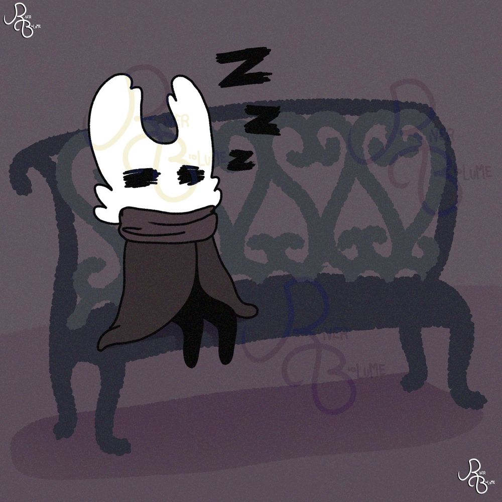 Hollow knight vessel oc called Jester! They sit on bench and sleeps